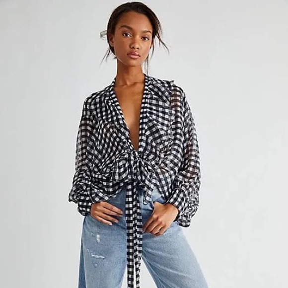 Free People Picnic Plaid Tie Front Gingham Ruffle Top Black White OS NWT - Picture 2 of 7